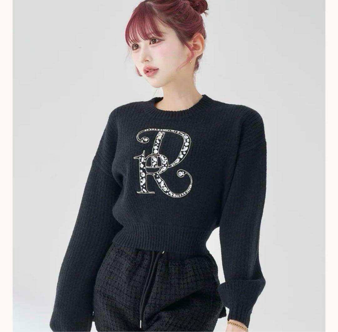 ダーリッチ darich DRビジューボリュームリブニットトップス BLK