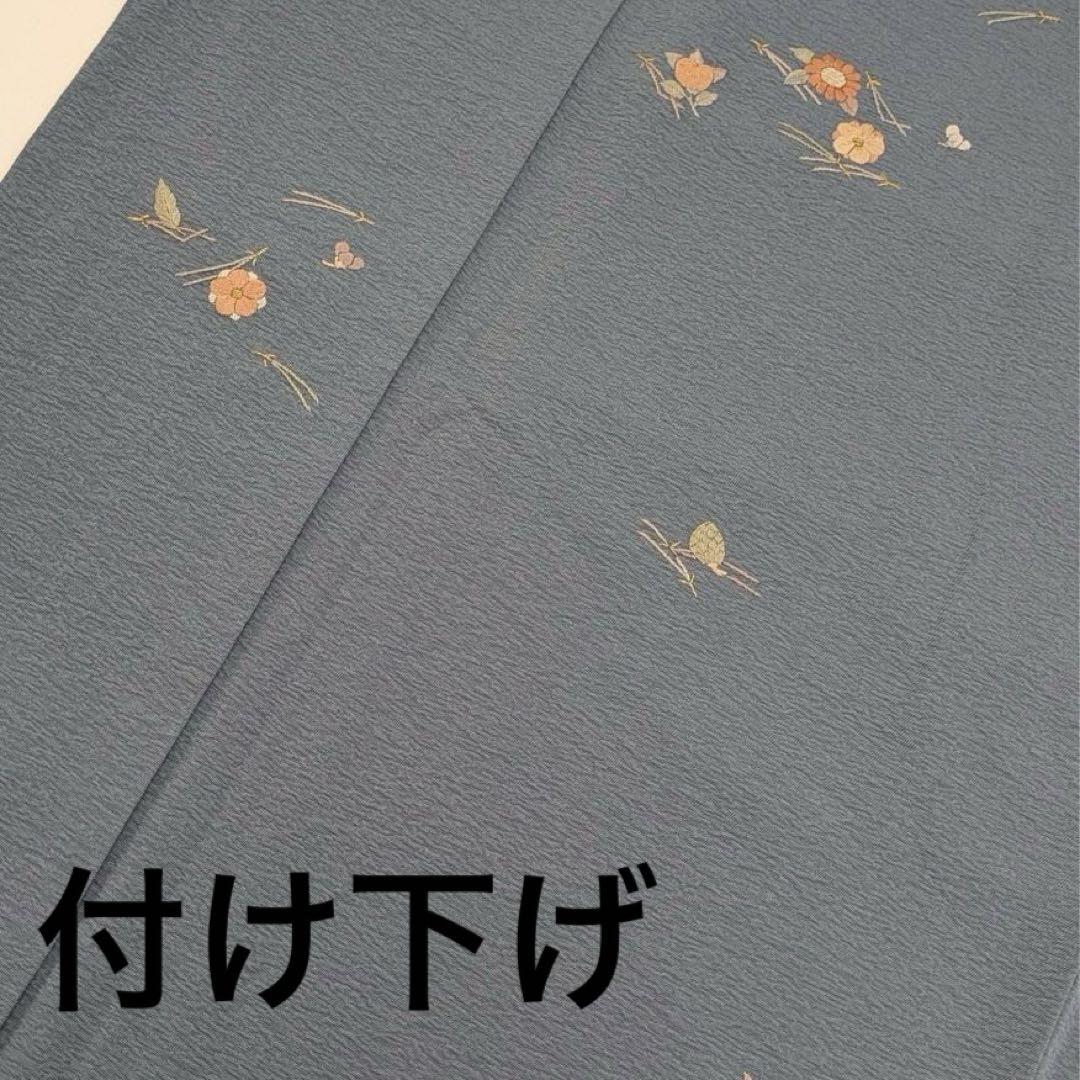 刺繍 松 花柄 裄66 紋無し 色味な良い 上品 付下げ 正絹 T-5923
