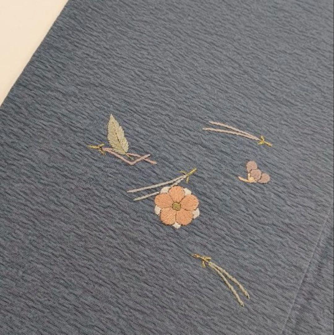 刺繍 松 花柄 裄66 紋無し 色味な良い 上品 付下げ 正絹 T-5923