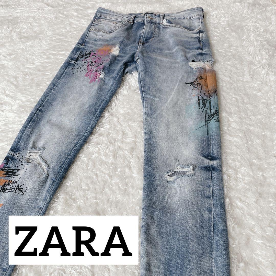 ZARA メンズ デニム アート 落書き ペイント クラッシュ加工 珍しい