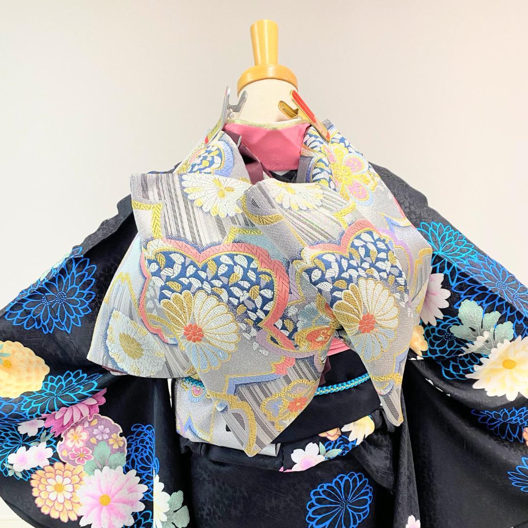 新品・一式セット】振袖 黒 青 雪輪 菊 コスモス 成人式 F22（4
