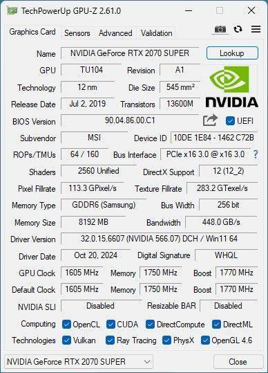 MSI RTX2070 Super 8GB GeForce グラフィックカード