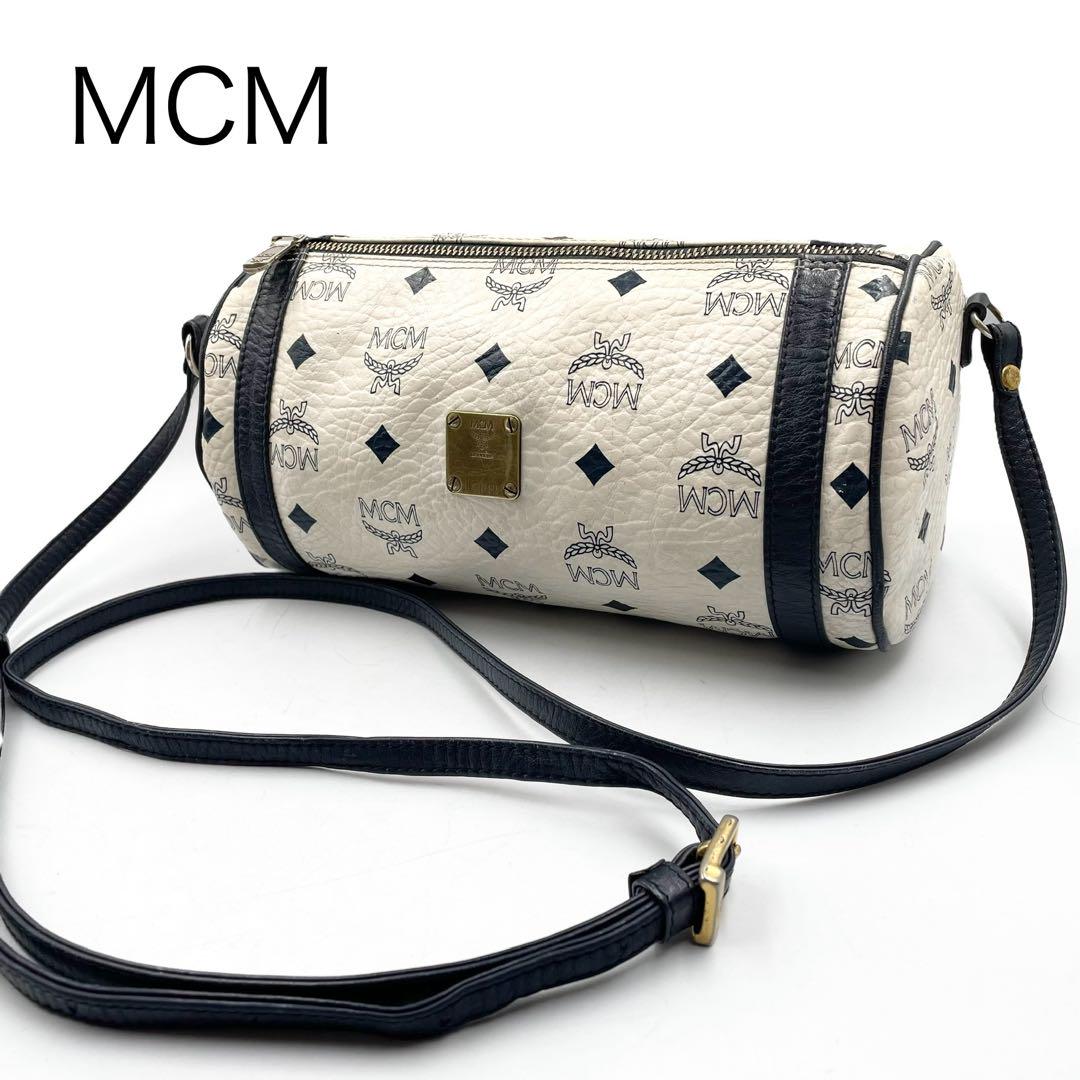 マ*Z様 MCM ショルダーバッグ ホワイト レザー ドラム型 ヴィセトス柄 超美品》MCM ショルダーバッグ ホワイト レザー ドラム型