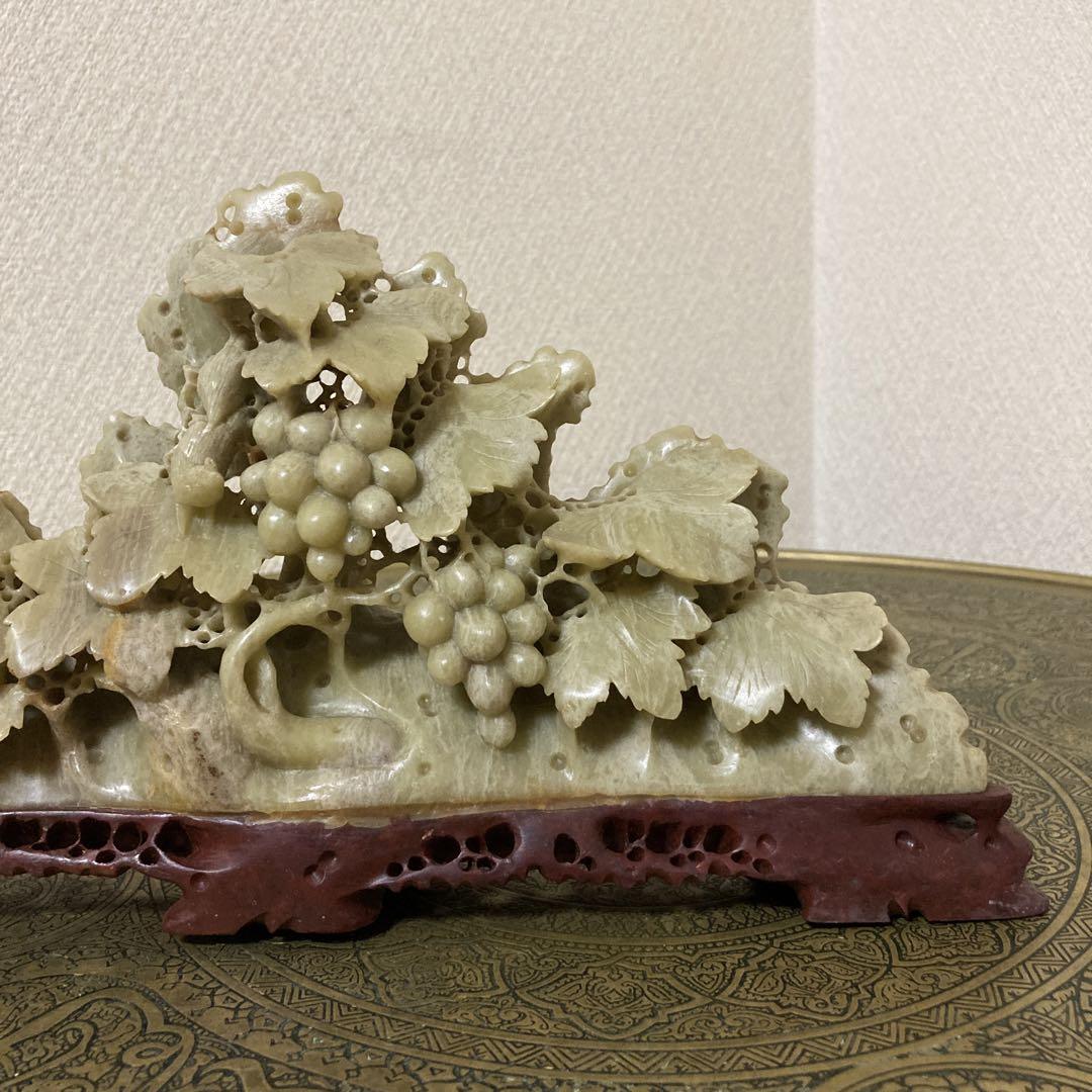 中国美術　古玩　細密彫刻　ぶどうに鼠　石置物〈検 寿山石 玉石 蝋石 青田石