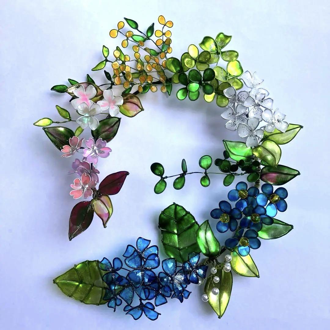 紫陽花リース　ワイヤークラフト　ディップフラワー　壁飾り　インテリア　アート
