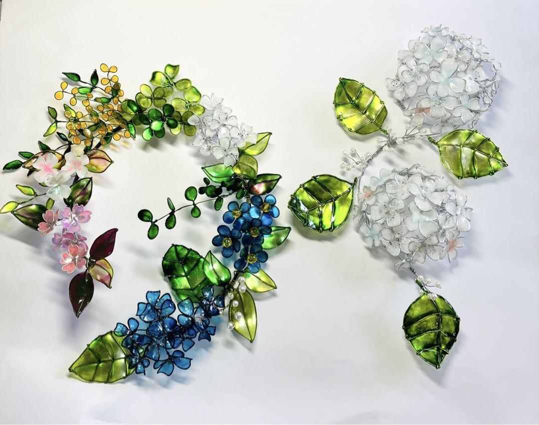 紫陽花リース　ワイヤークラフト　ディップフラワー　壁飾り　インテリア　アート