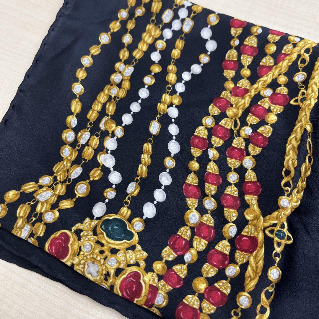 【T】CHANEL シャネル スカーフ 大判 宝石 ジュエリー柄 ブラック
