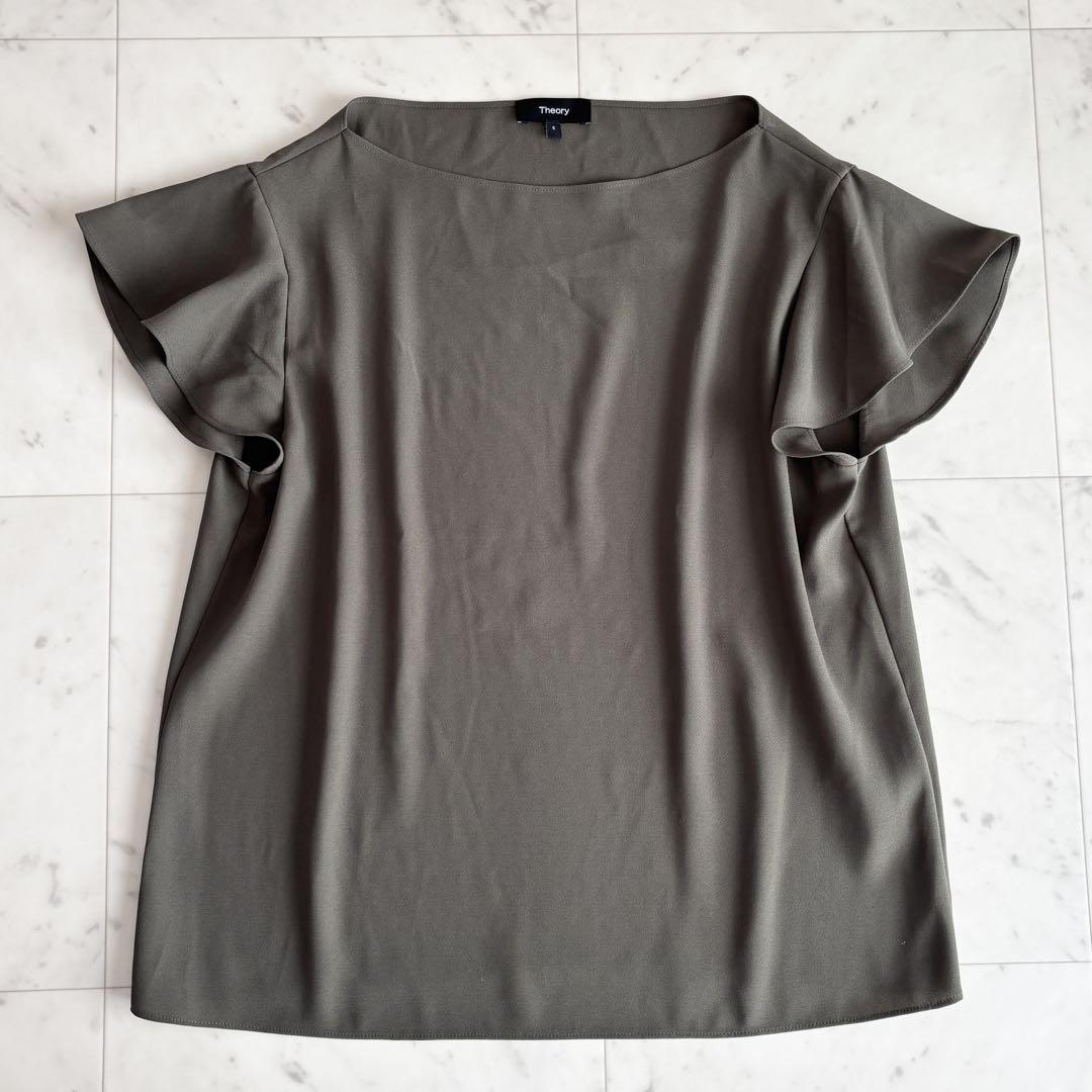 美品 Theory 24SS 袖フレアジョーゼットブラウス カーキ 美品 セオリー 24SS フレア袖 ジョーゼット プルオーバー