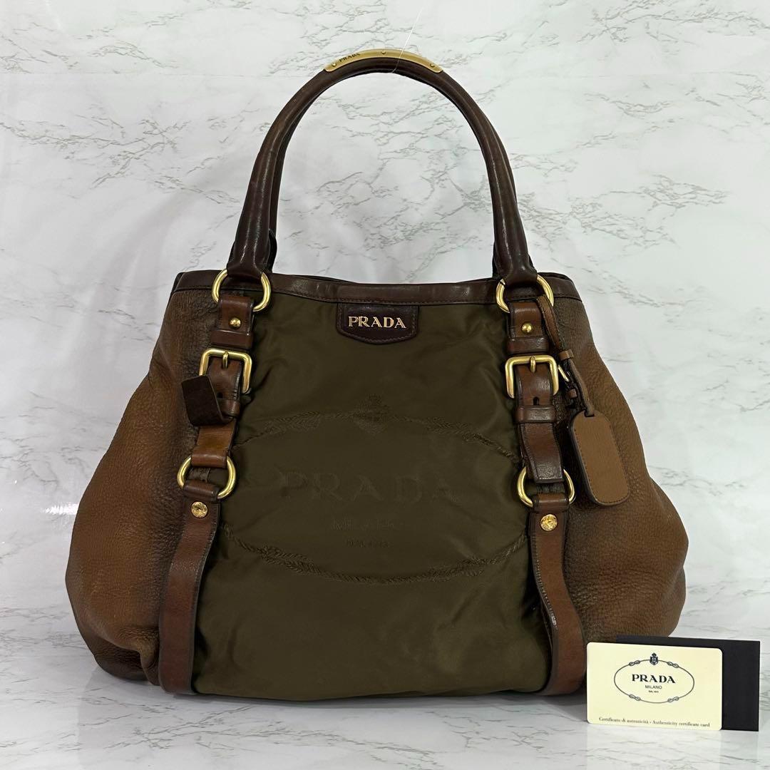 PRADA プラダ ナイロン レザー トートバッグ ハンドバッグ ブラウン