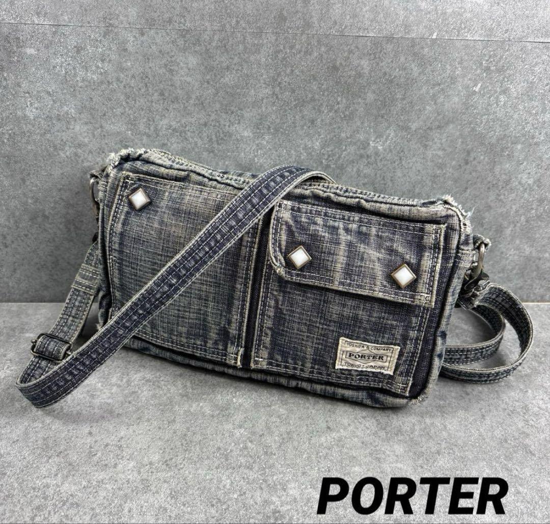 PORTER ポーター ブルー デニム ショルダーバッグ ひし形 ダークグレー