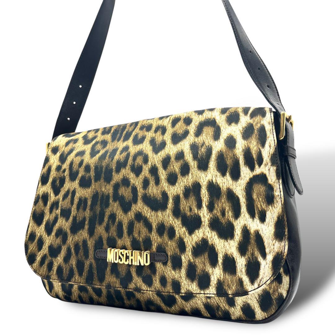 極美品 1072 MOSCHINO ワンショルダーバッグ レオパード フラップ