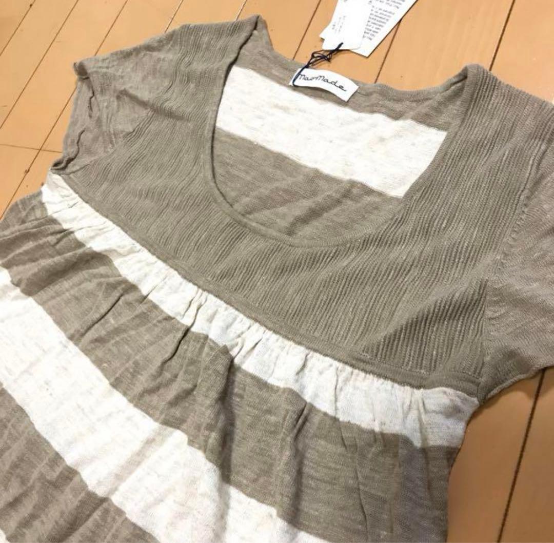 新品 リネンニット ナチュラル ボーダー チュニックワンピース 麻 38
