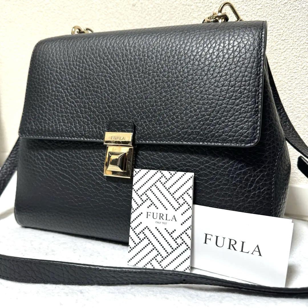 【極美品】FURLA ジョアン 2way ハンドバッグ レザー シボ革 ブラック
