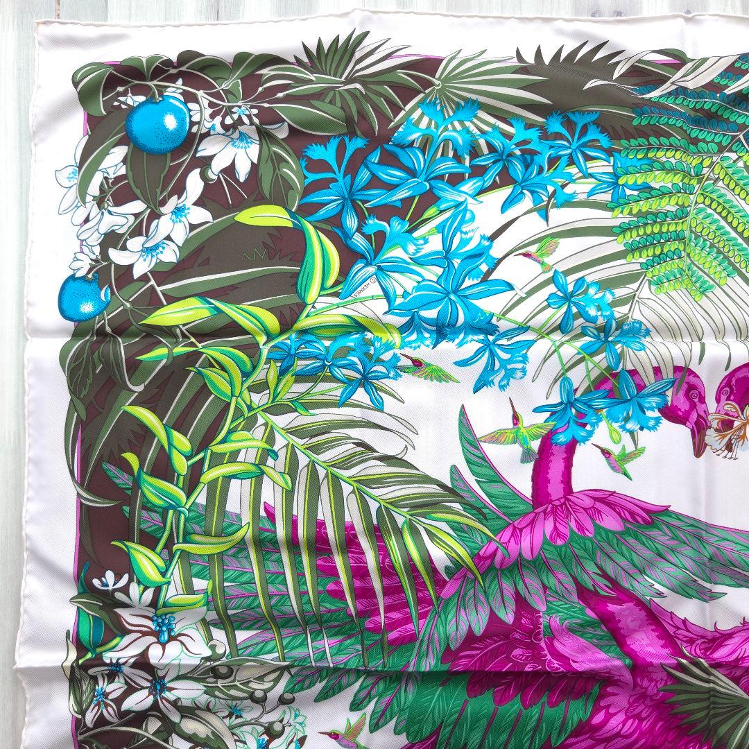 HERMES カレ90 フラミンゴパーティー ホワイト エルメス