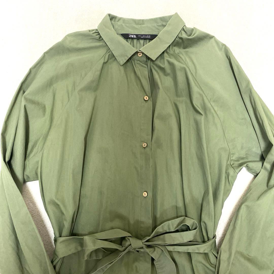 ZARA コットン 長袖シャツ ロングワンピース Aライン カーキ S