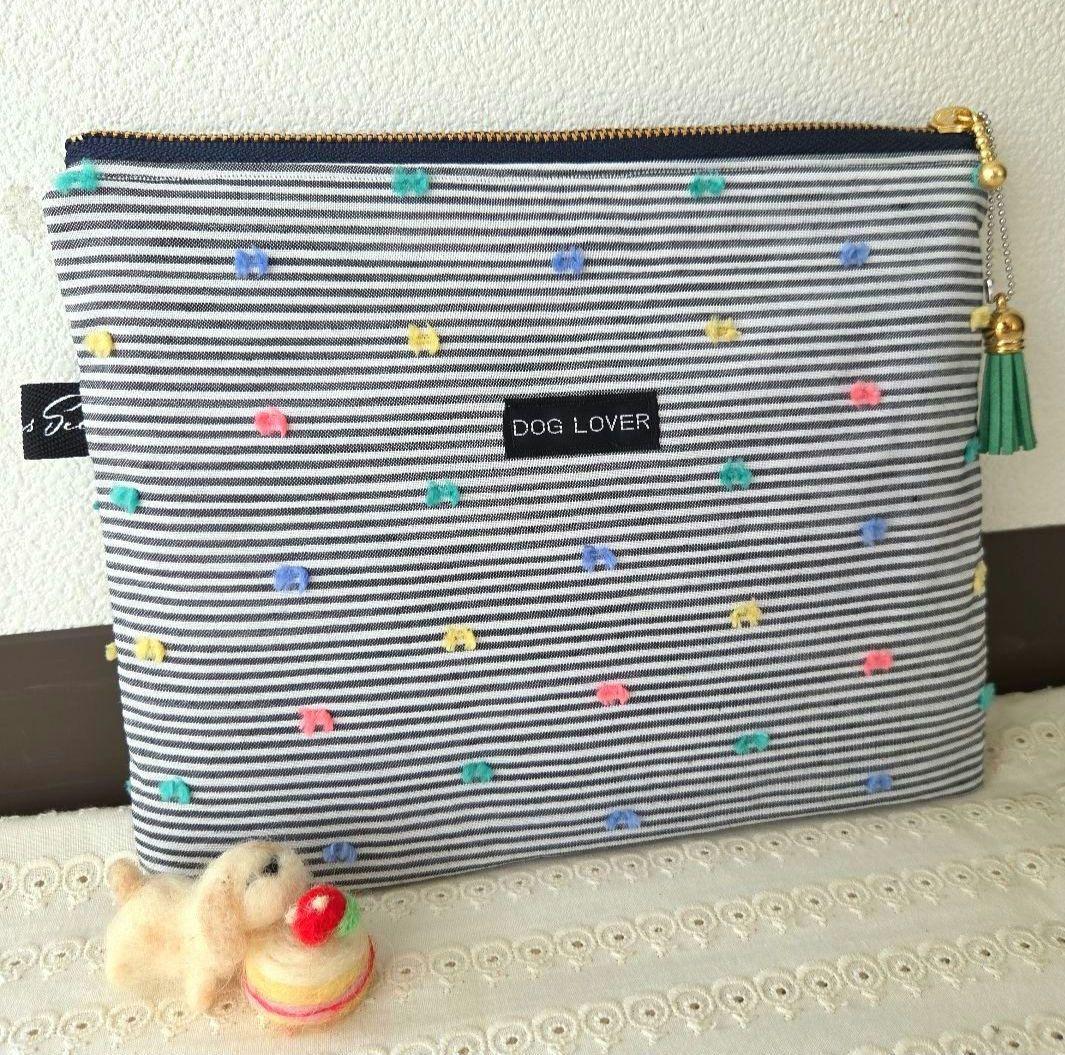 ハンドメイド ♡シーズーちゃん中生地メッシュ素材フラットポーチU^ェ^U♬