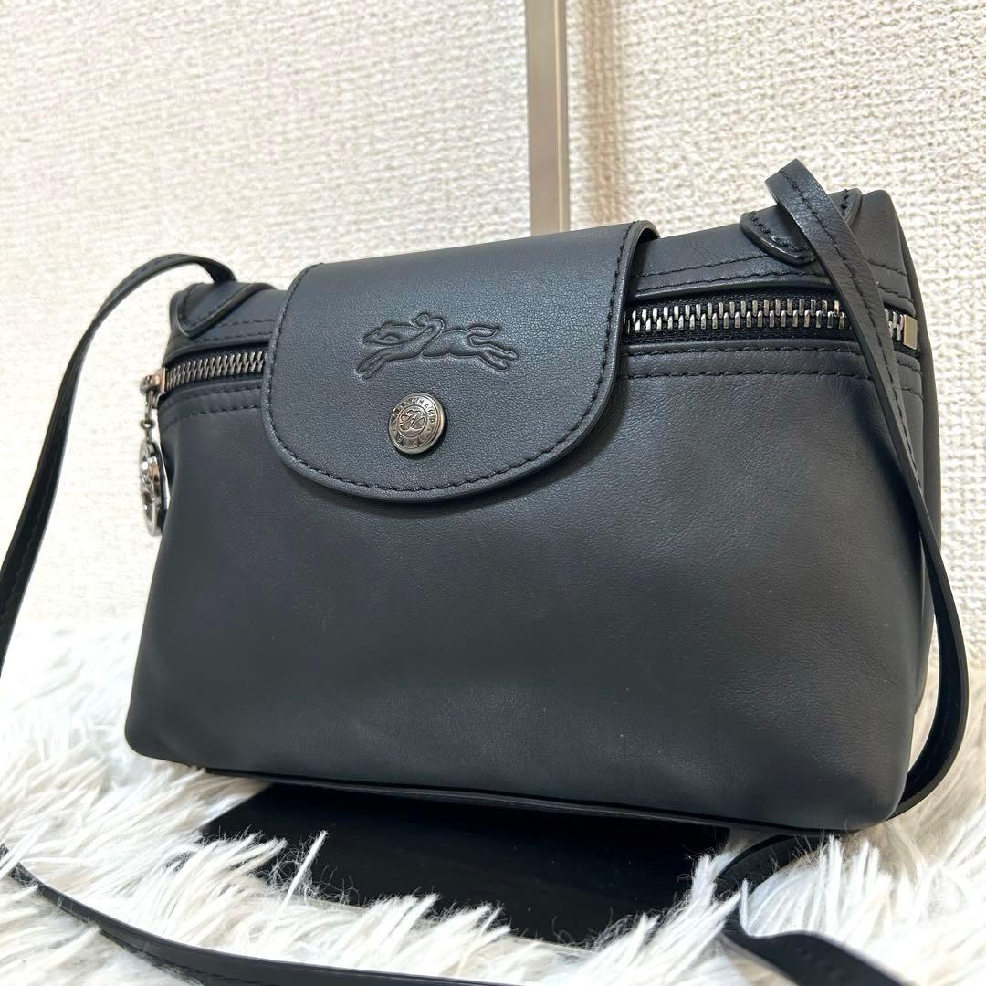 【完売品✨XTRA/極美品】ロンシャン　ショルダーバッグ　黒　レザー　人気　希少