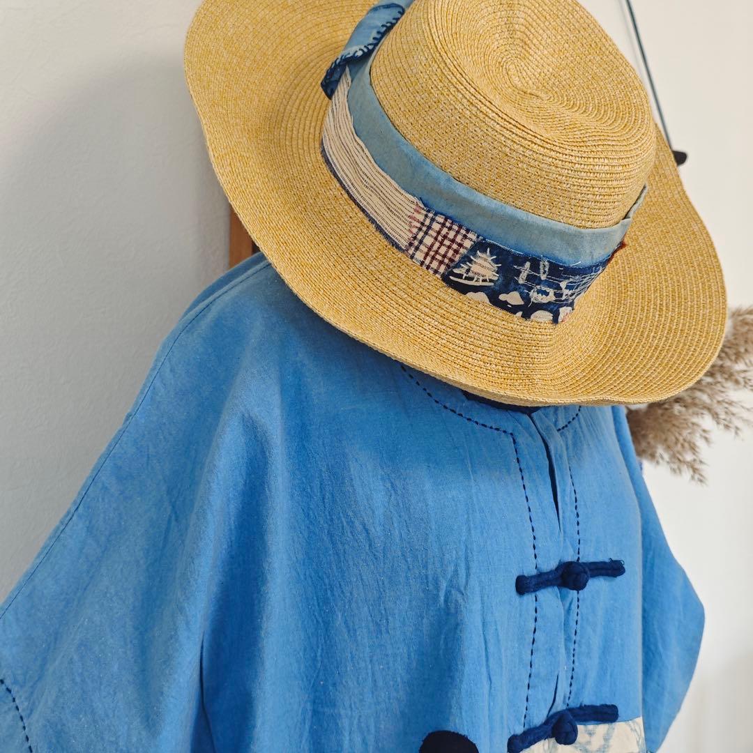 藍染 型染め古布リメイク 手作り パッチワーク 刺し子 セットアップ ワンピース リメイク 襤褸藍染型染め古布パッチワーク 麦わら帽子 刺し子 ハンドメイド
