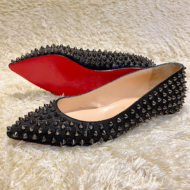激安の クリスチャン ルブタン Follies Spikes Flat 黒 レザー ハイヒール パンプス
