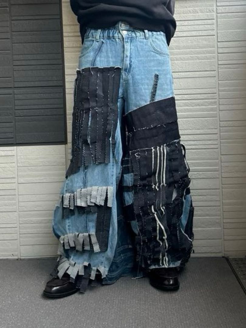 立体フリンジ 変形 リメイクデニム アシンメトリー ワイドパンツパッチワークL