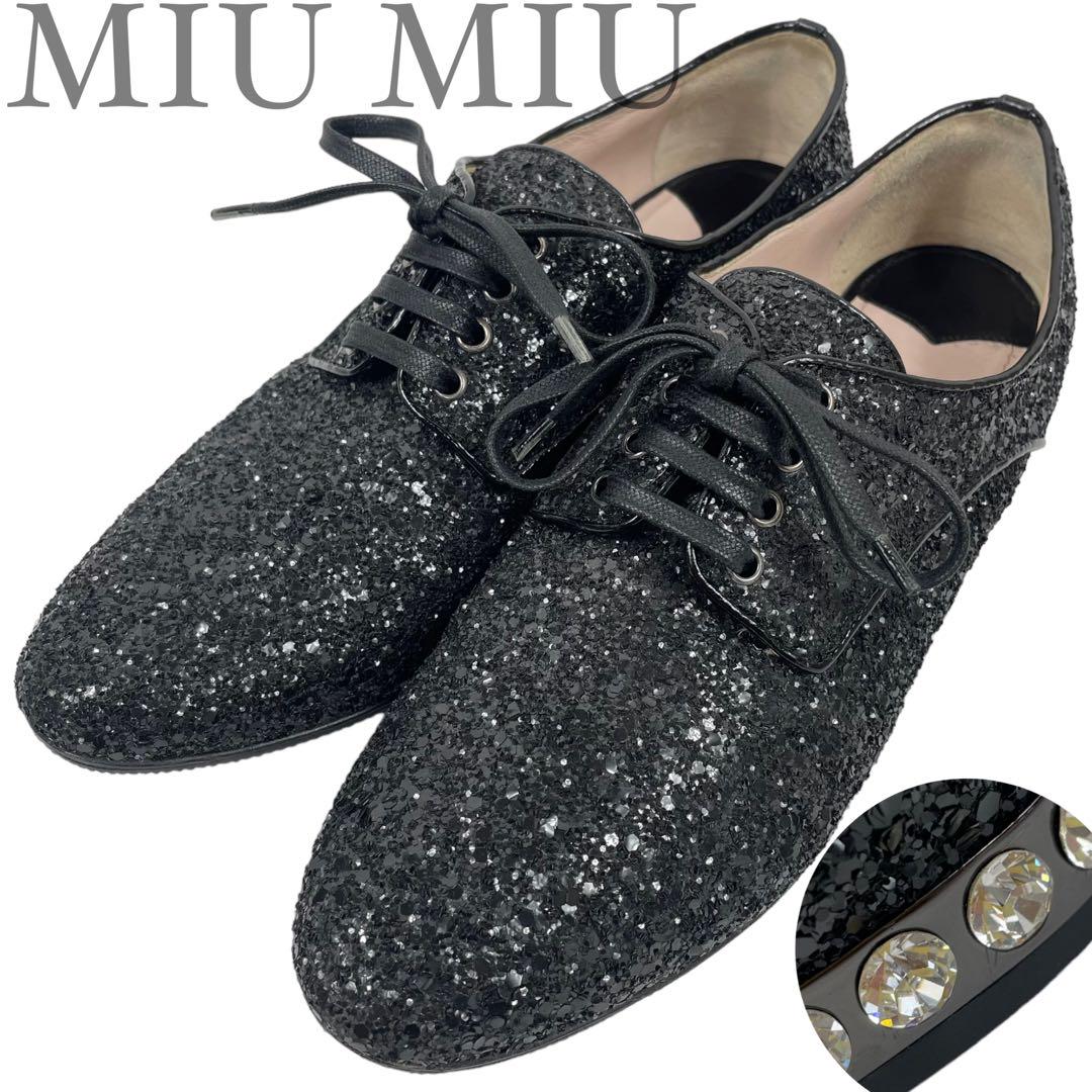 MIUMIU ミュウミュウ フラットシューズ ビジュー グリッター ストラップ-