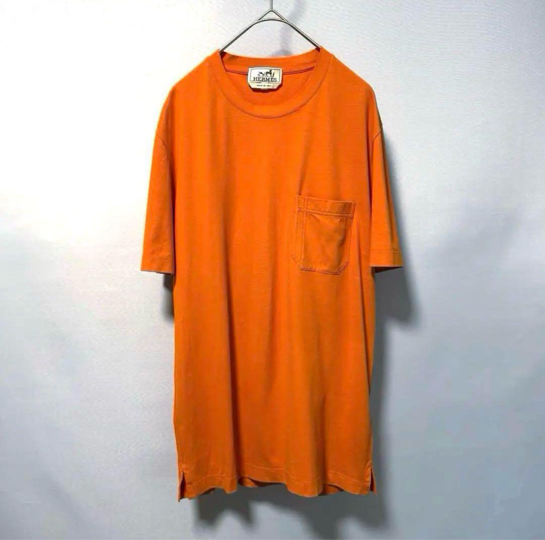 【本物保証】 HERMES オレンジ ポケット Hロゴ 半袖 コットンTシャツ エルメス トップス
