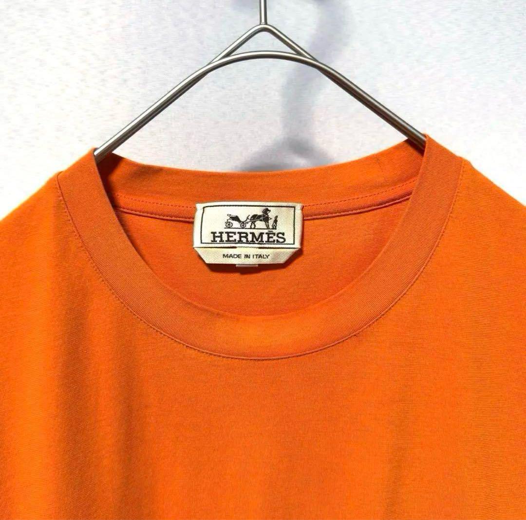 HERMES エルメス コットンTシャツ 半袖 Hロゴ ポケット オレンジ