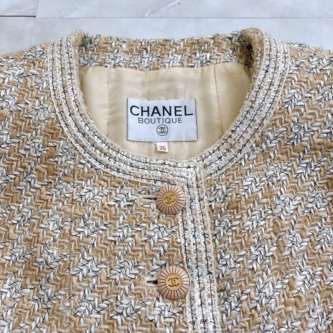 シャネル　CHANEL ヴィンテージ　ツイード　ノーカラージャケット　ベージュ