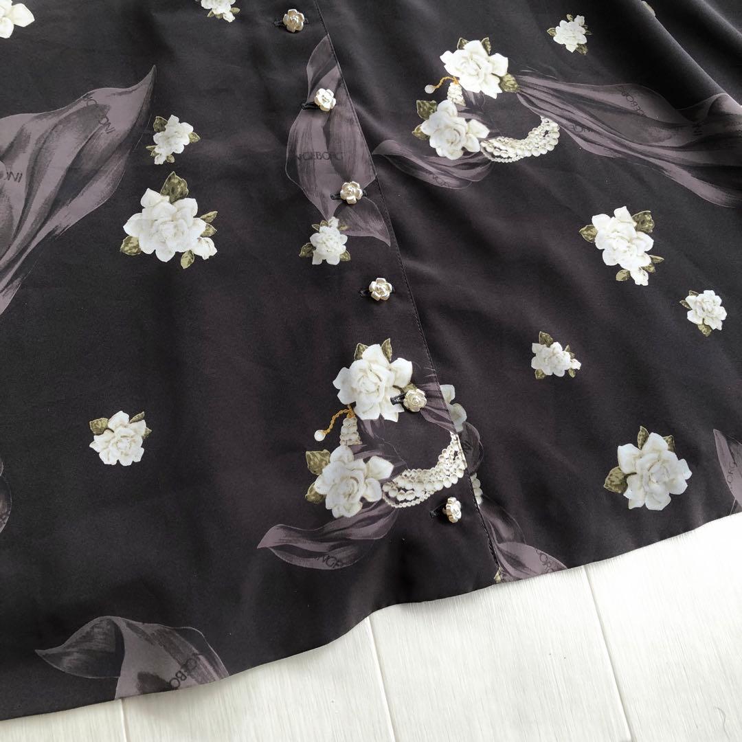 インゲボルグ 梔子 クチナシ 花柄 ピンタック レース ダークグレー ワンピース