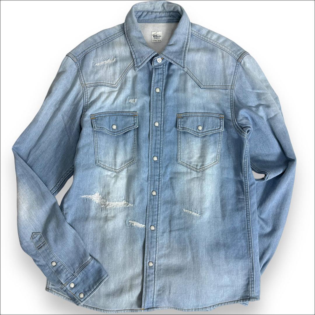 J6081 美品 ロンハーマン リペア加工 ストレッチデニムシャツ 水色 M メンズ