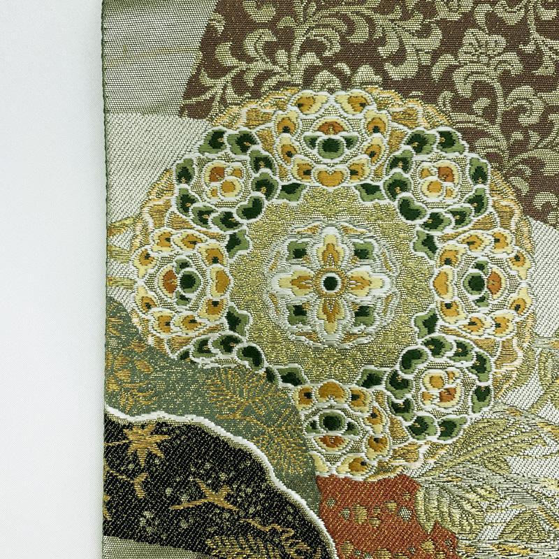 507my6△ 袋帯 宝相華 花唐草 菊 紅葉 すすき 松 芝 地紙 鶴