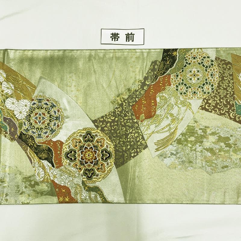 507my6△ 袋帯 宝相華 花唐草 菊 紅葉 すすき 松 芝 地紙 鶴 金糸△