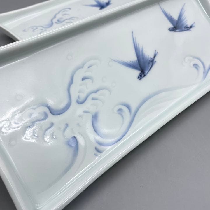 時代 隆萬造 染付 刺身皿 醤油皿 各十客 波に太刀魚図】骨董