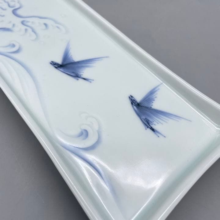 時代 隆萬造 染付 刺身皿 醤油皿 各十客 波に太刀魚図】骨董