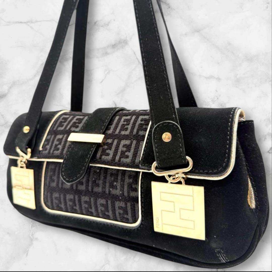 希少 美品 FENDI ズッキーノ ベロア ゴールドFF金具 ハンドバッグ