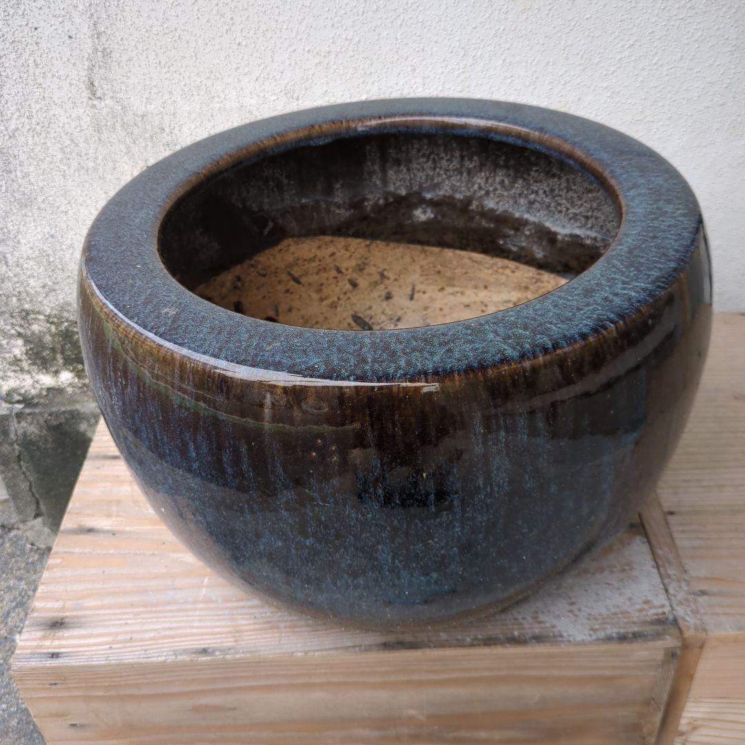 骨董 火鉢 藍色 陶器 水鉢 メダカ 睡蓮鉢 メダカ 金魚 鉢カバー