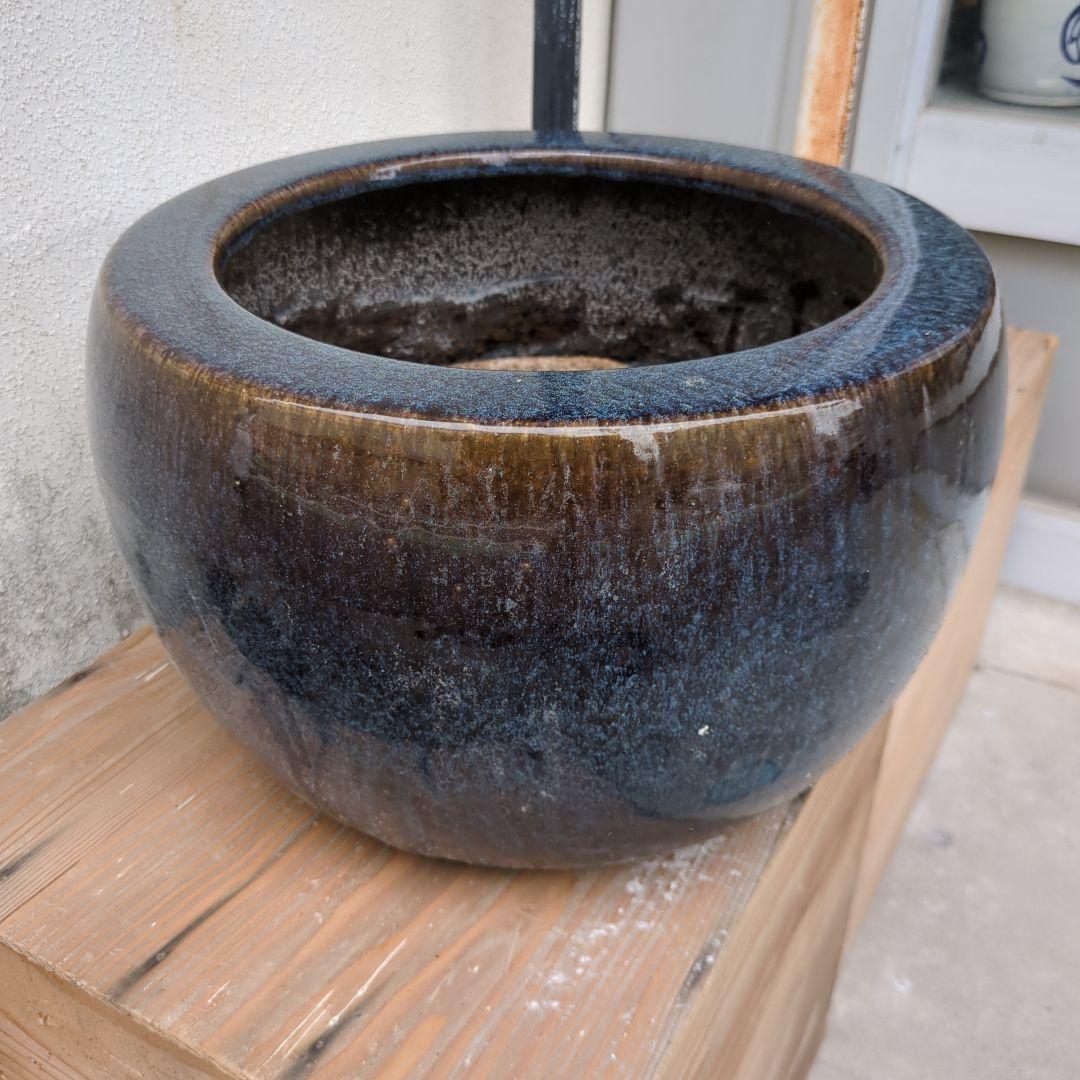 骨董 火鉢 藍色 陶器 水鉢 メダカ 睡蓮鉢 メダカ 金魚 鉢カバー