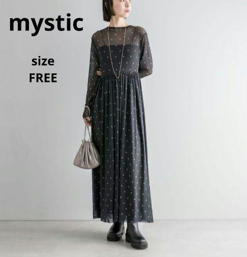 mystic　花柄シアーロングワンピース　FREE　透け感　ブラウン　小花柄