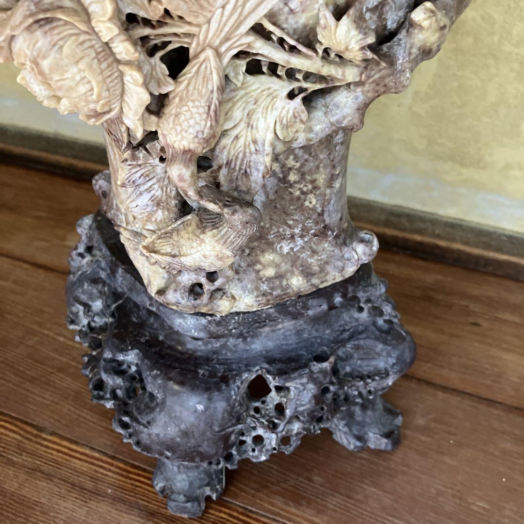 花瓶●寿山石 石彫り 花器 手掘り 花唐草 鳥 土物 古玩 唐物 時代物 骨董品 中国美術 石彫刻 細密彫刻 花瓶 45cm 中国 唐物 寿山石 骨董品