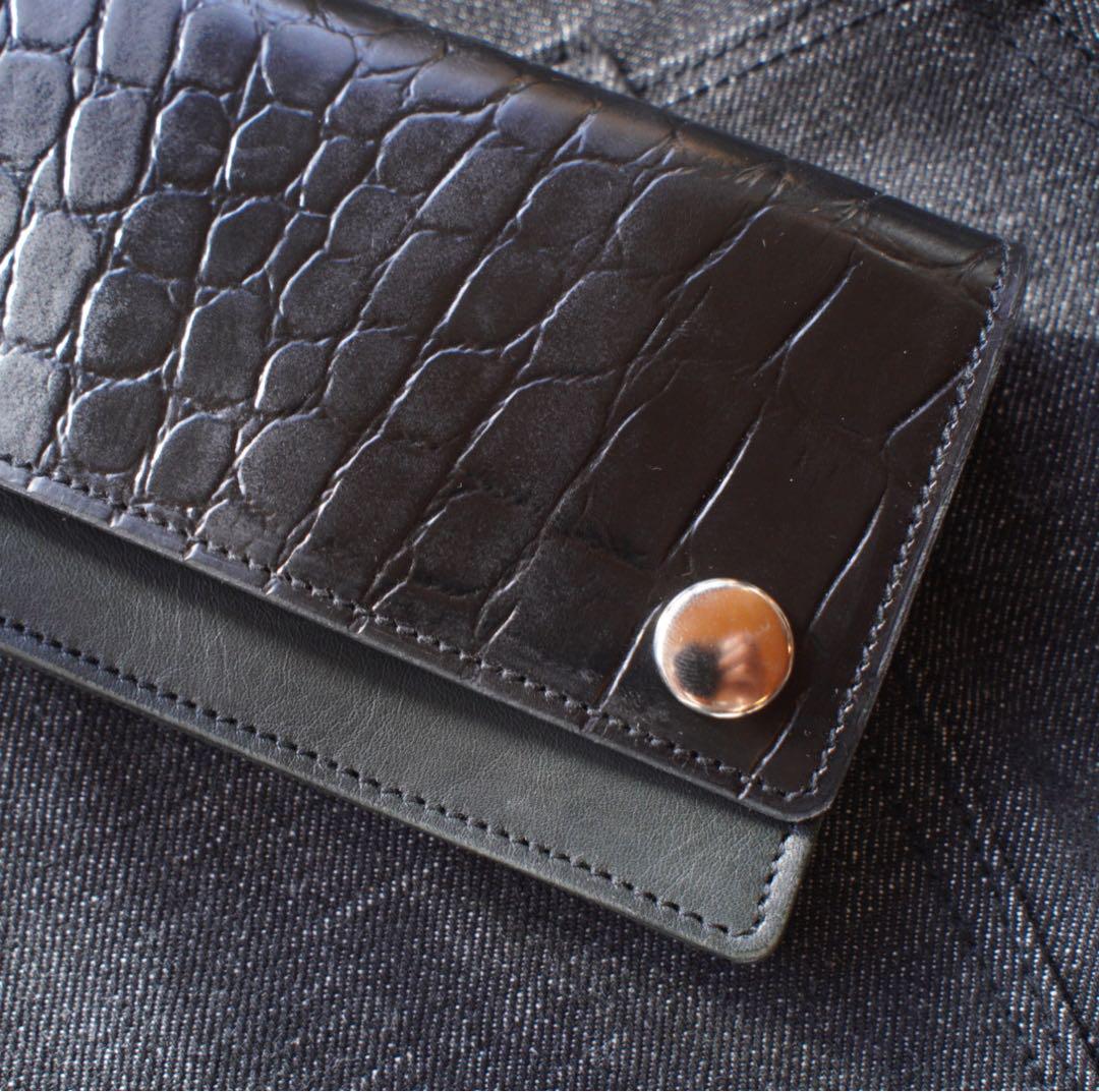 【クロコダイル型押し】トラッカーウォレット ミドル シルバー ハンドメイド