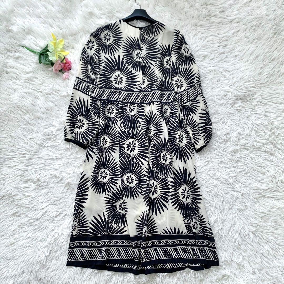 【美品】マックスマーラ ロング丈 ワンピース シルク100% 総柄 ベージュ L