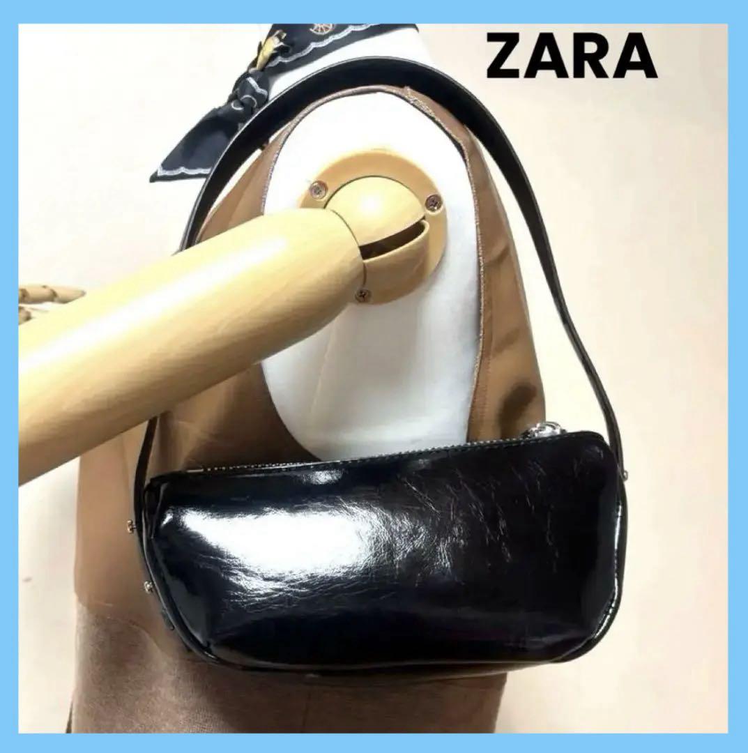 ZARA ザラ　アシンメトリーショルダーバッグ　エナメルブラック美品