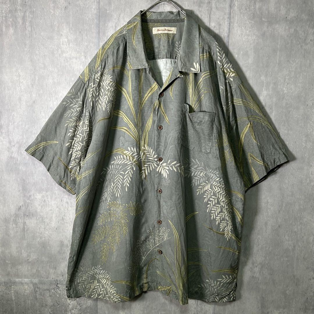高級 シルク アート 総柄 アロハシャツ オープンカラー くすみ緑 XXL