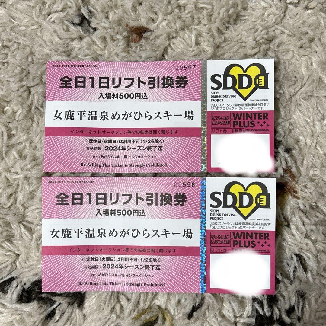 土日も可能めがひらスキー場　１日リフト券【全日】