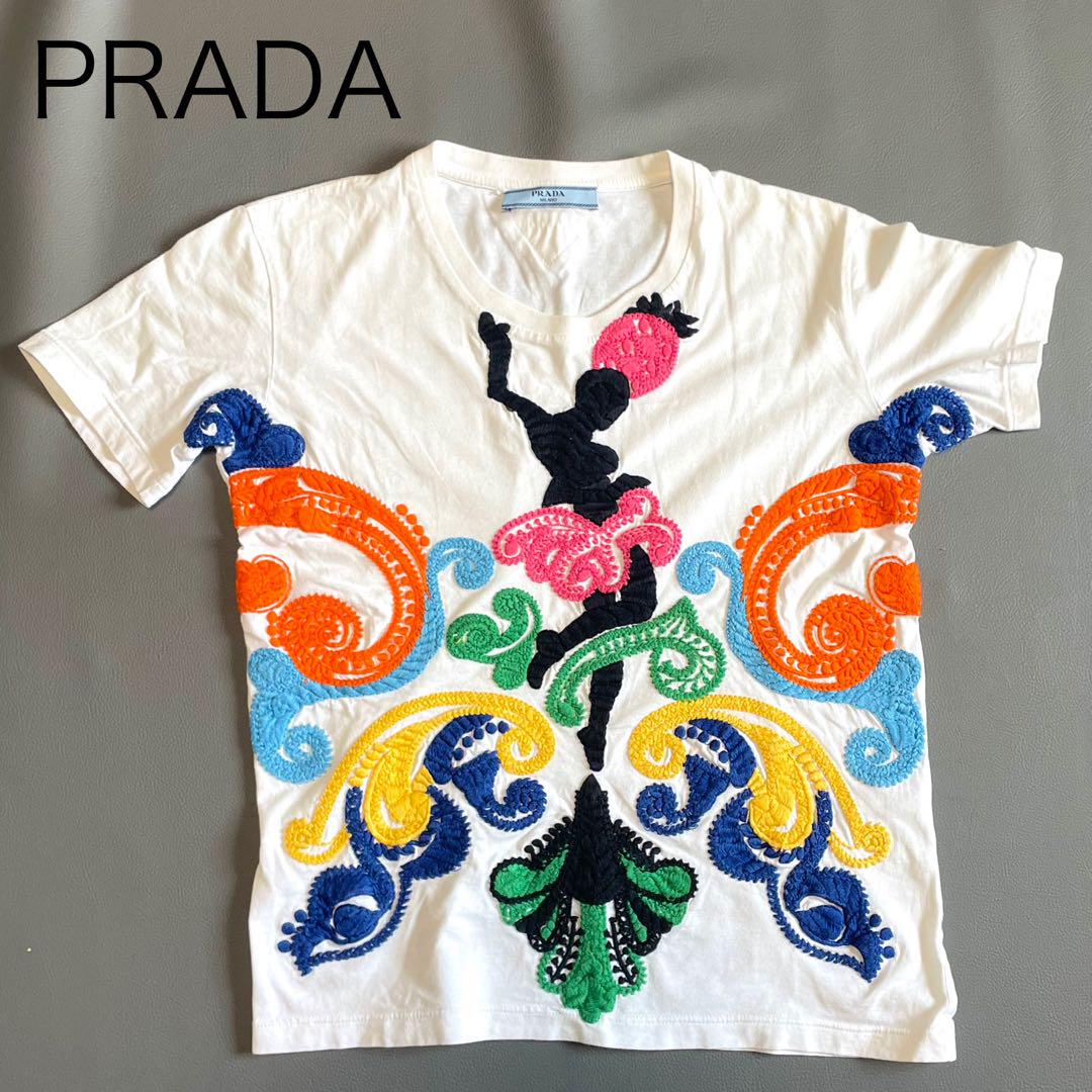 PRADA】半袖Tシャツ 刺繍 総柄 白 三角ロゴ コットン イタリア製