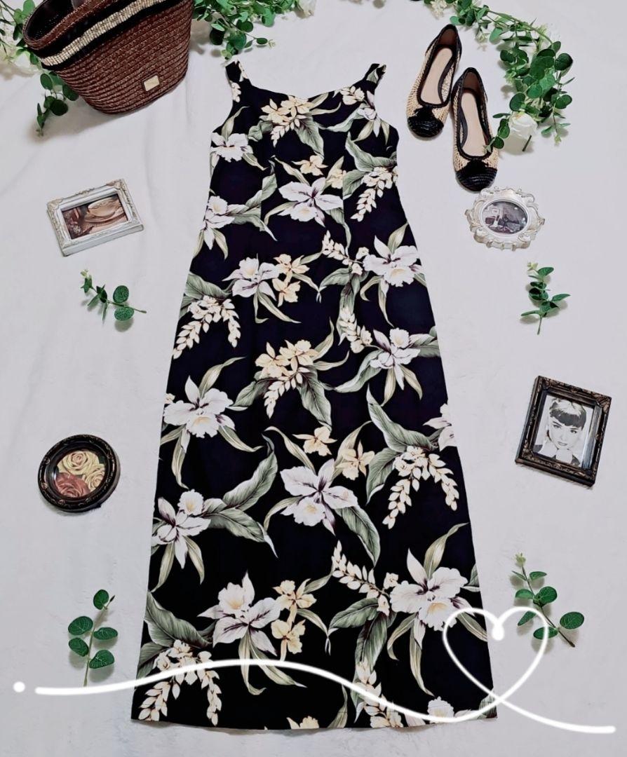 美品✨made in HAWAII　ハワイアンロングワンピース　ブラック　M