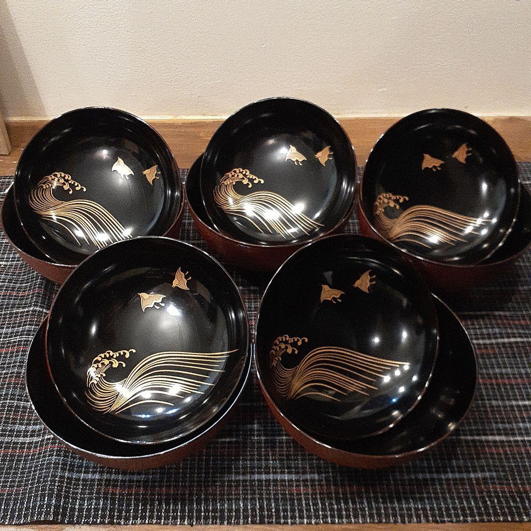 極小傷有！時代金縁黒漆に風情ある稲穂蒔絵の映えるお椀2点（検輪島塗