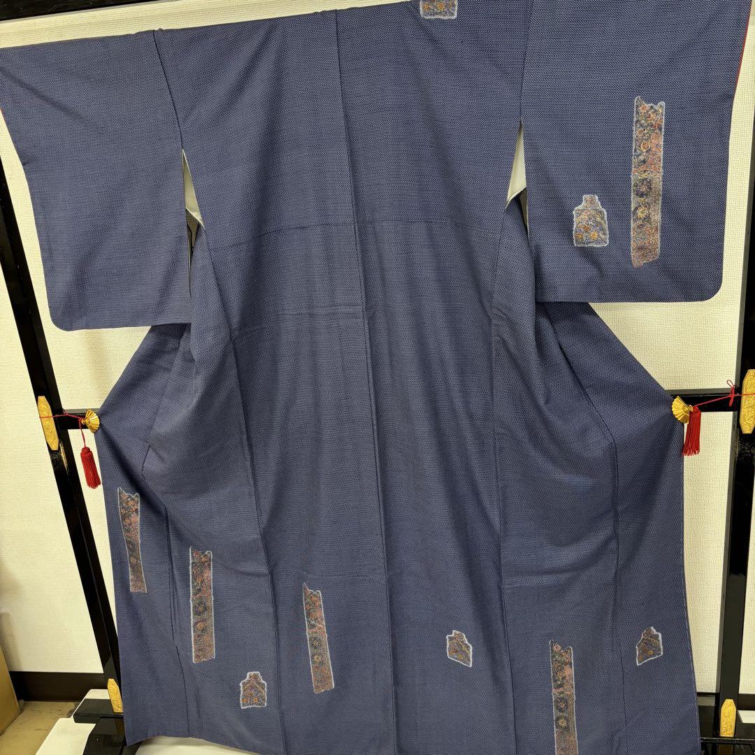 お召着物 亀甲に飛び柄更紗の染め 正絹 AK-7085