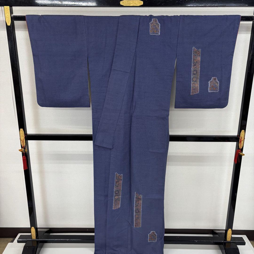 お召着物 亀甲に飛び柄更紗の染め 正絹 AK-7085