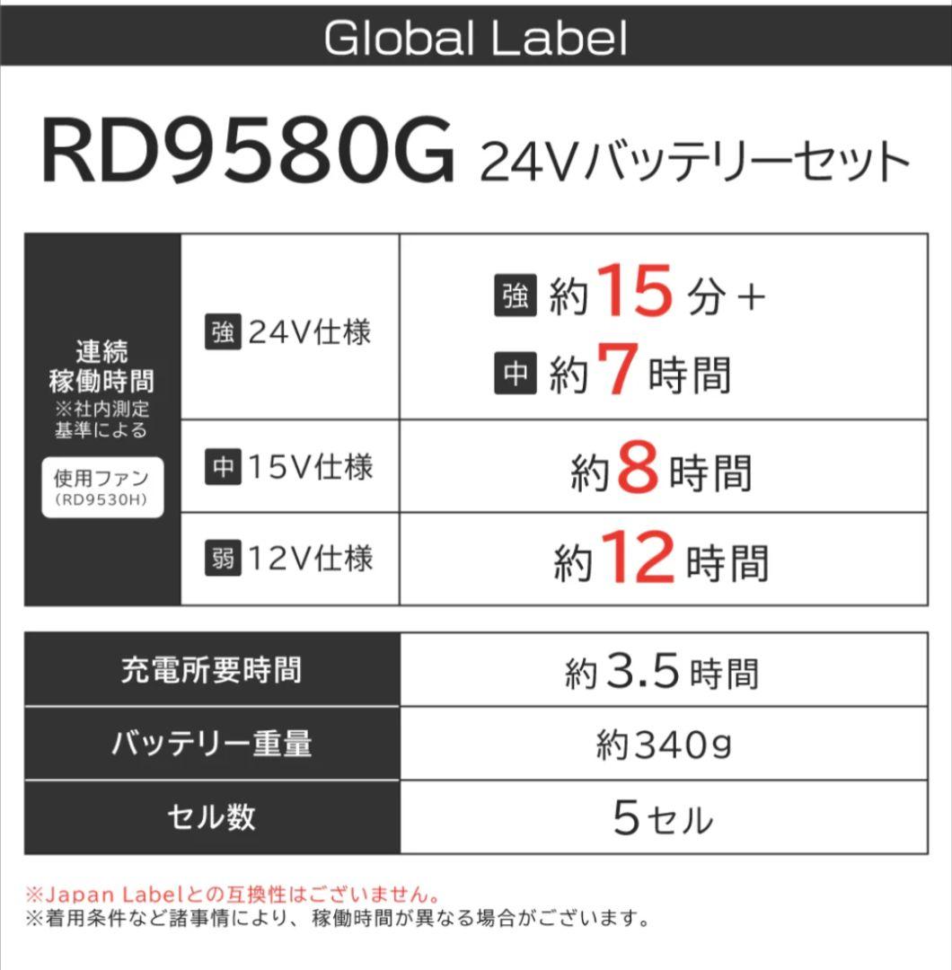 【新品】空調風神服 GlobalLabel バッテリー 24V RD9580G
